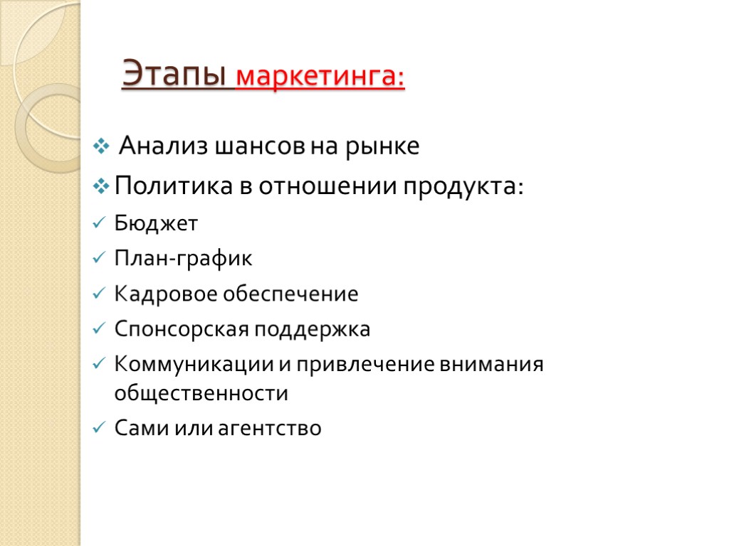 Этапы маркетинга: Анализ шансов на рынке Политика в отношении продукта: Бюджет План-график Кадровое обеспечение